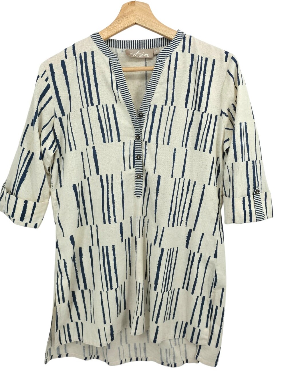 Utsa Cotton Linen Blend Coastal Lagenlook Abstract Tunic Hi Low Small - Picture 3 of 15